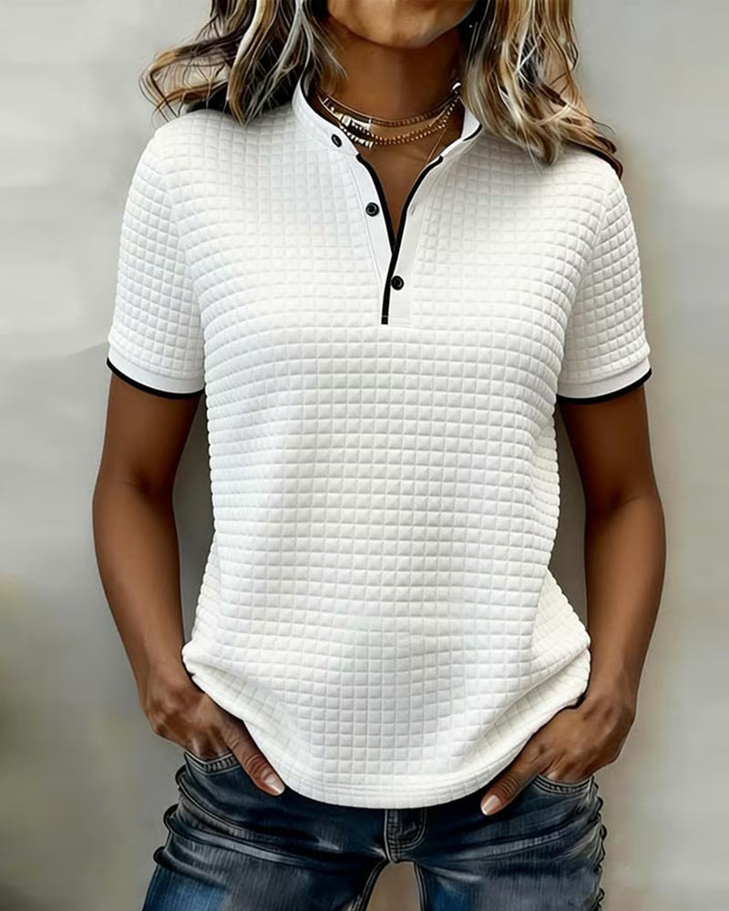Top Wzór Wafelkowy Zapinany Na Guziki Krótki Rękaw