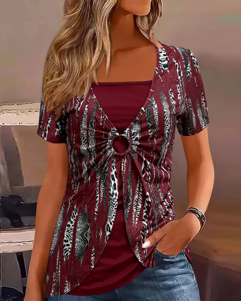 Bluzka Krótkim Rękawem Z Nadrukiem Fałszywa Dwuczęściowa