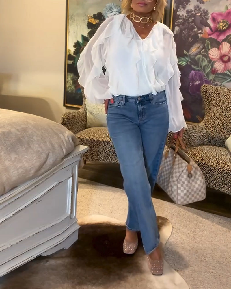 Falbaniasta, Zwiewna Koszula W Jednolitym Kolorze