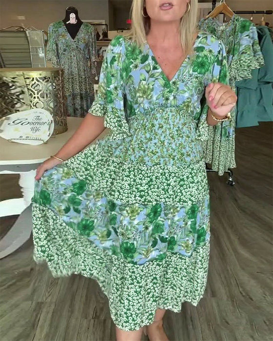 Sukienka Dekolt W Serek Rękaw Lotosowy Kwiatowy