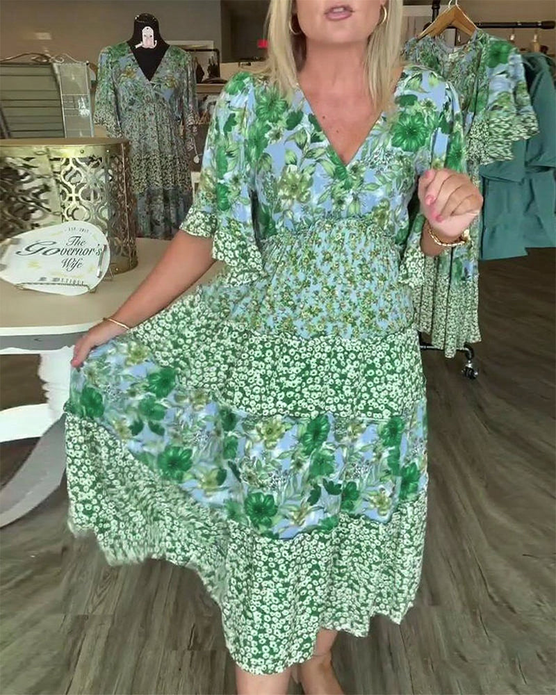 Sukienka Dekolt W Serek Rękaw Lotosowy Kwiatowy