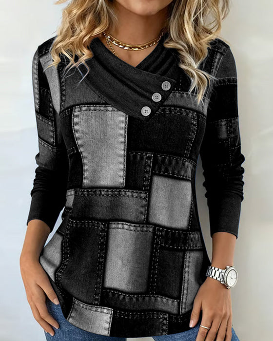 Długorękawowy Top Z Dekoltem W Serek I Jednolitym Kontrastem