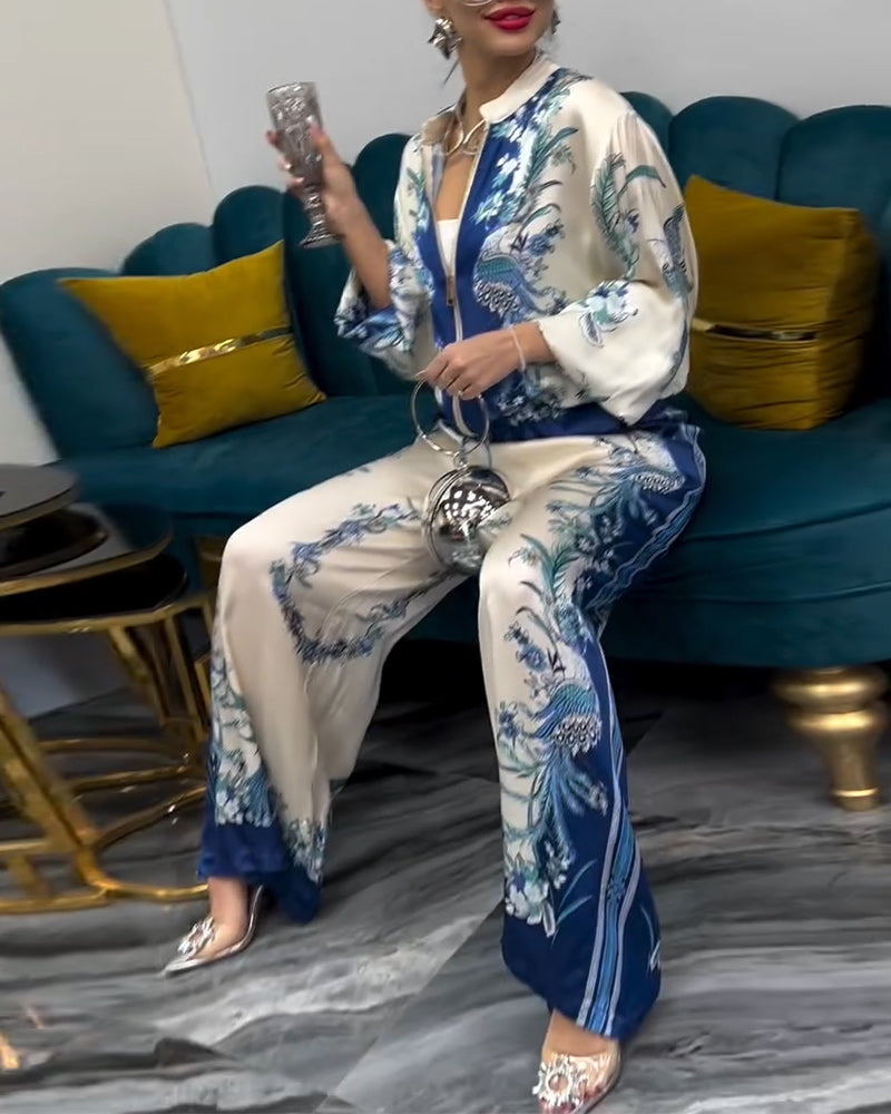 Garnitur o Szerokich Nogawkach Temperament Stójka Zamek Błyskawiczny