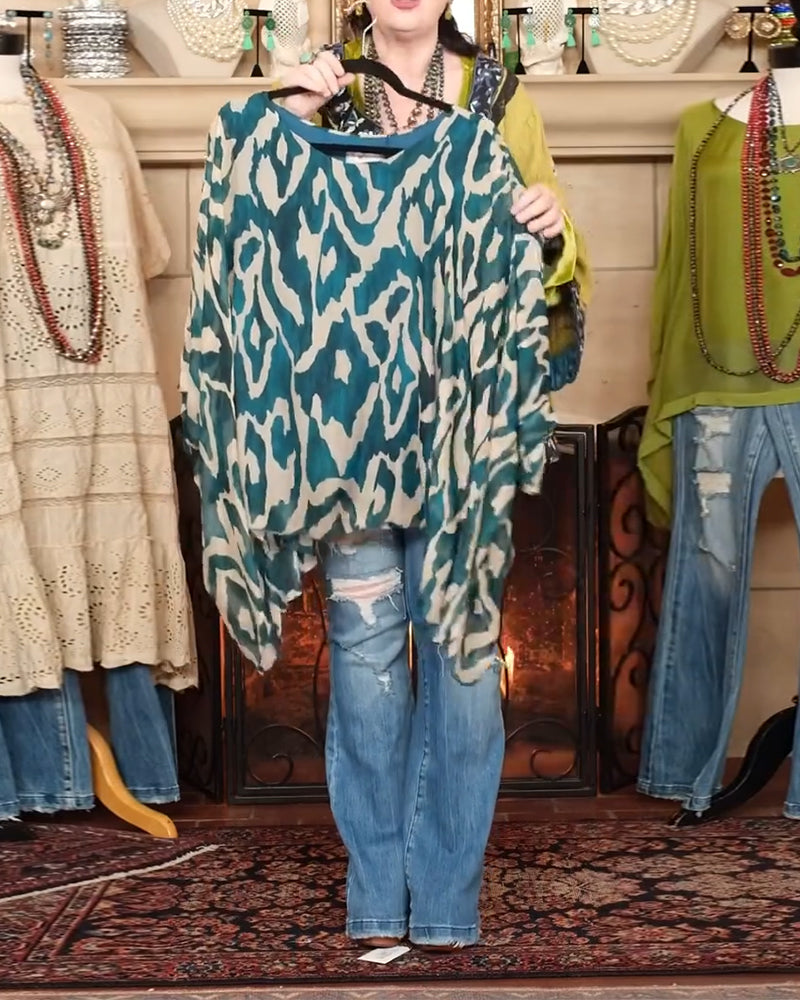 Bluzka Nietoperzowy Rękaw Nadruk Długi Rękaw