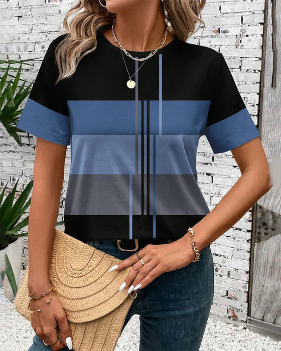 T-Shirt Okrągły Dekor Geometryczny Krótki Rękaw