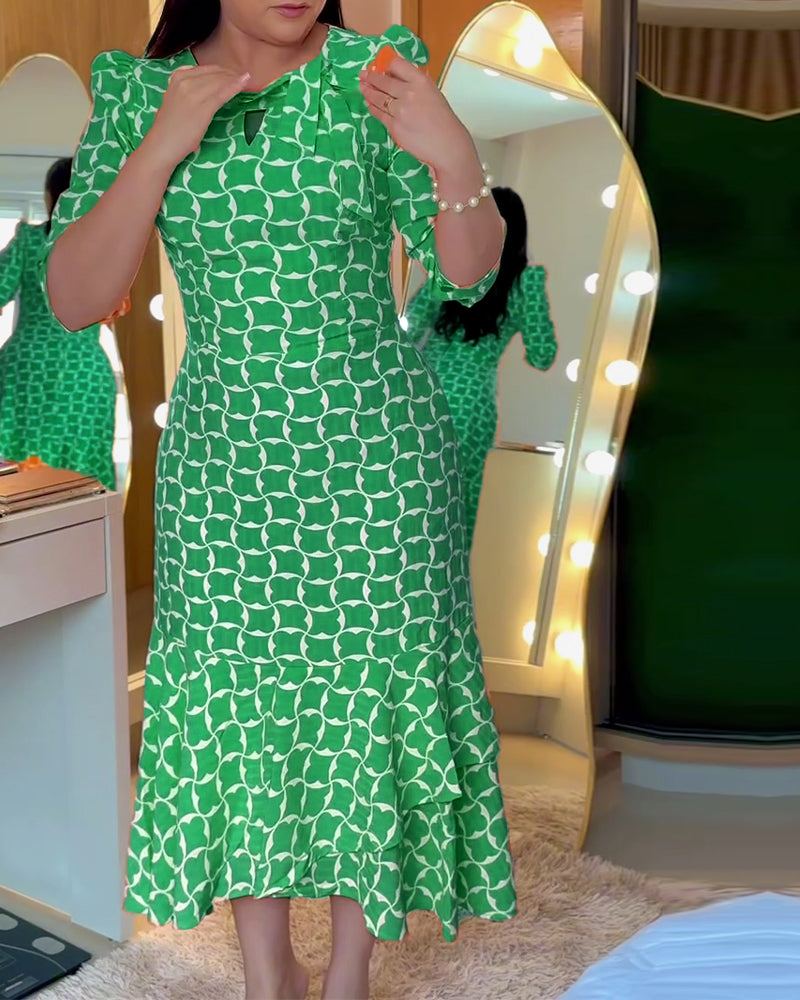 Sukienka Pół Rękaw Rund Hals Talia Drukowana