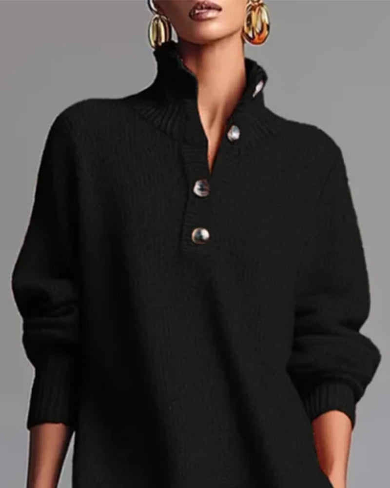 Jednokolorowa Sukienka Z Guzikami I Wysoką Szyją