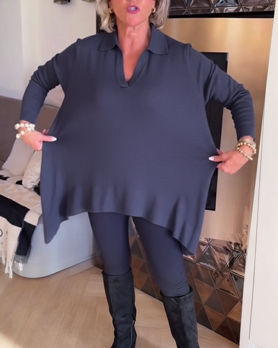 Nierówny Kołnierz Długi Rękaw Top