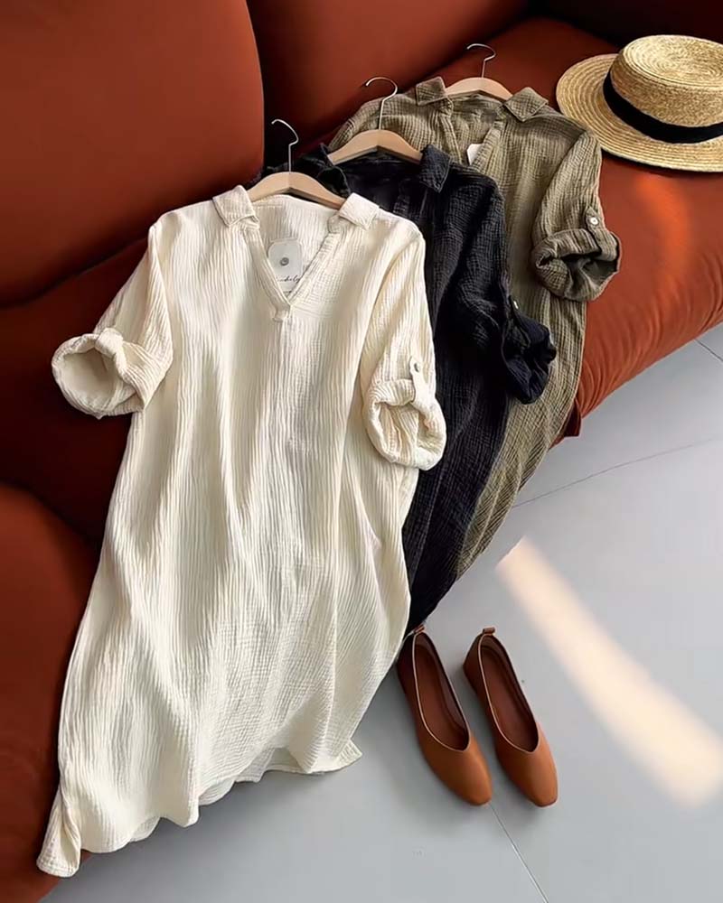 Sukienka Długi Rękaw Jednolita Prosty Kołnierz