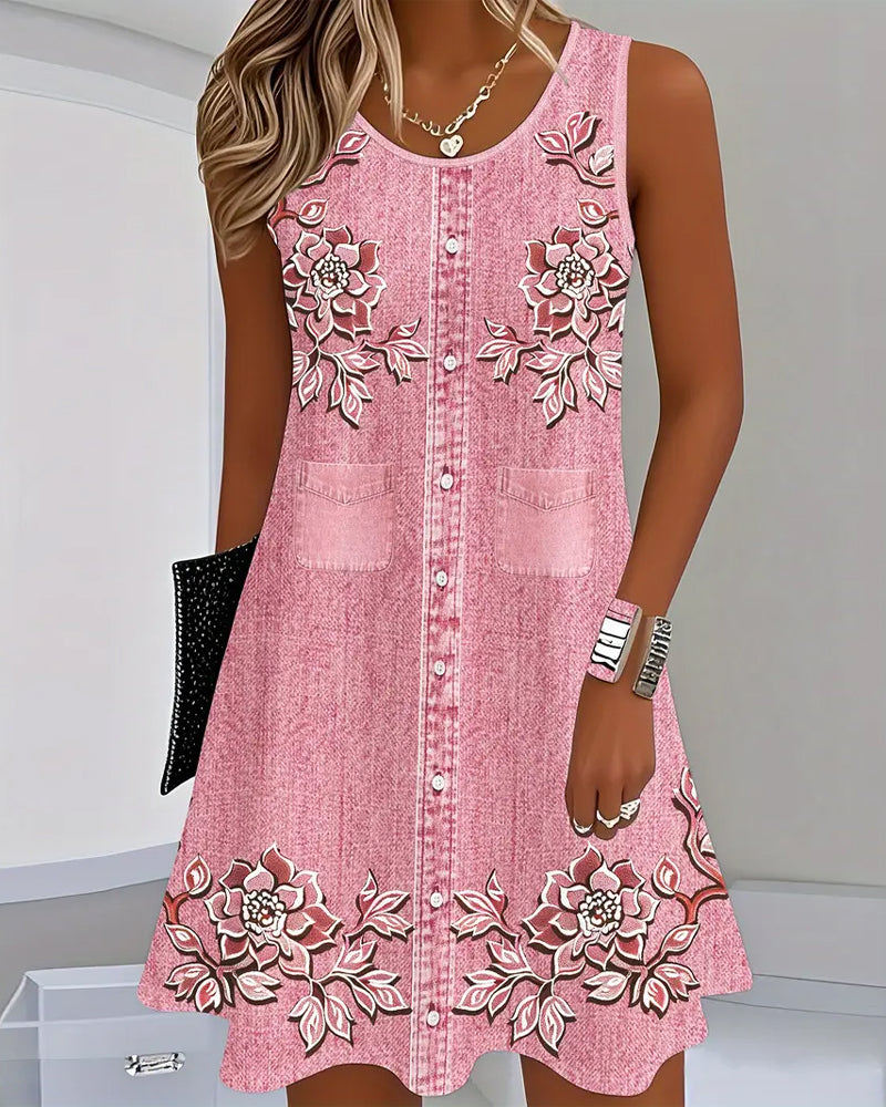 Sukienka Bez Rękawów Imitacja Denim