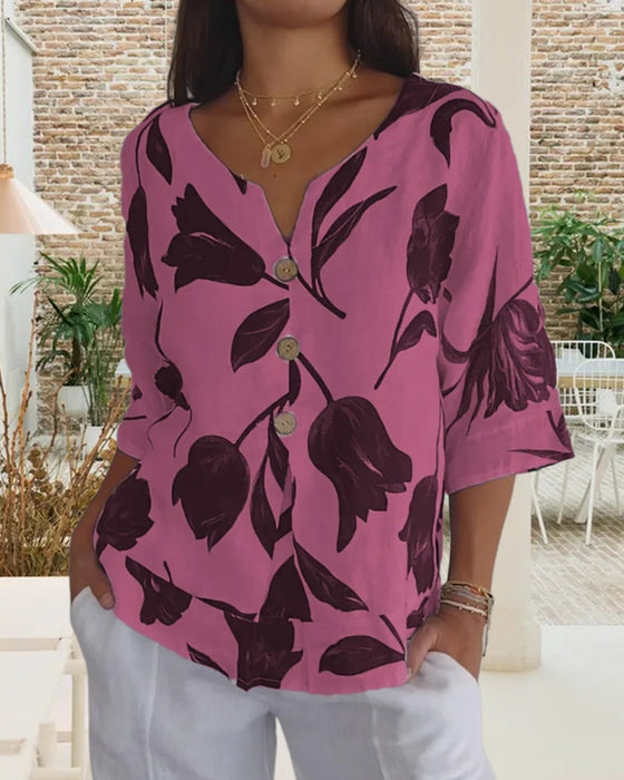 Bluza zapinana na guziki z bawełny i lnu w kwiatowy wzór