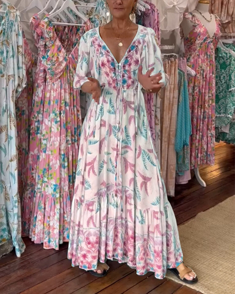 Damska sukienka maxi z dekoltem w kształcie litery V i nadrukiem w liście