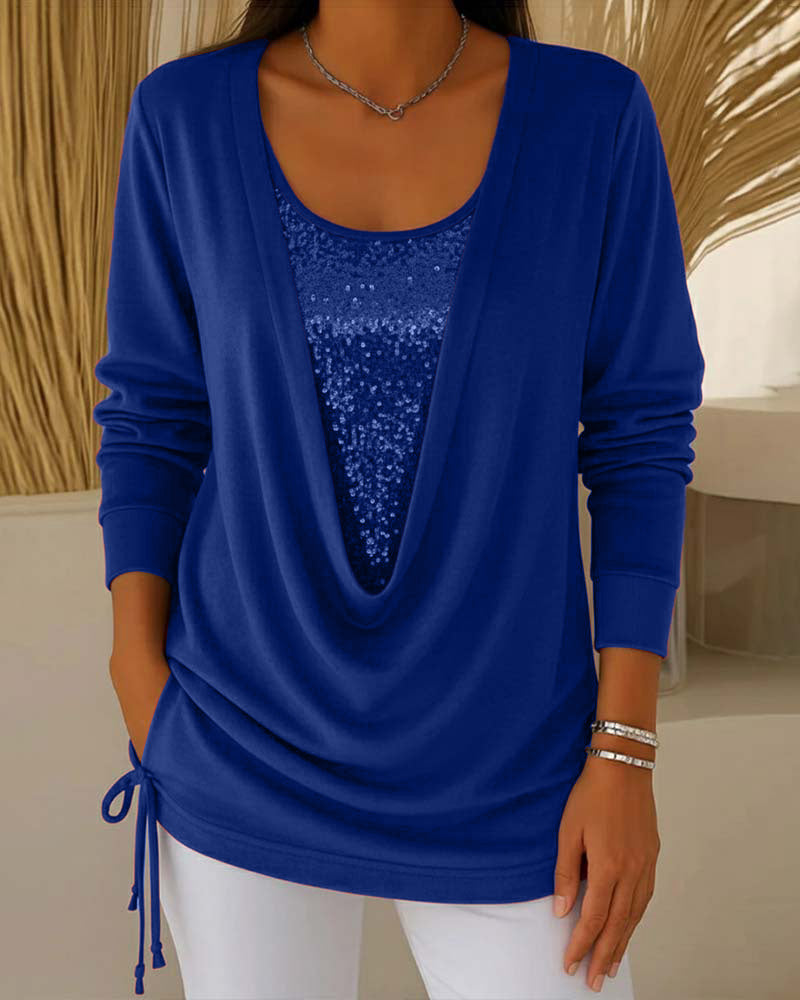 Bluzka Z Cekinami W Kontrastowych Kolorach, Imitacja Dwuczęściowej