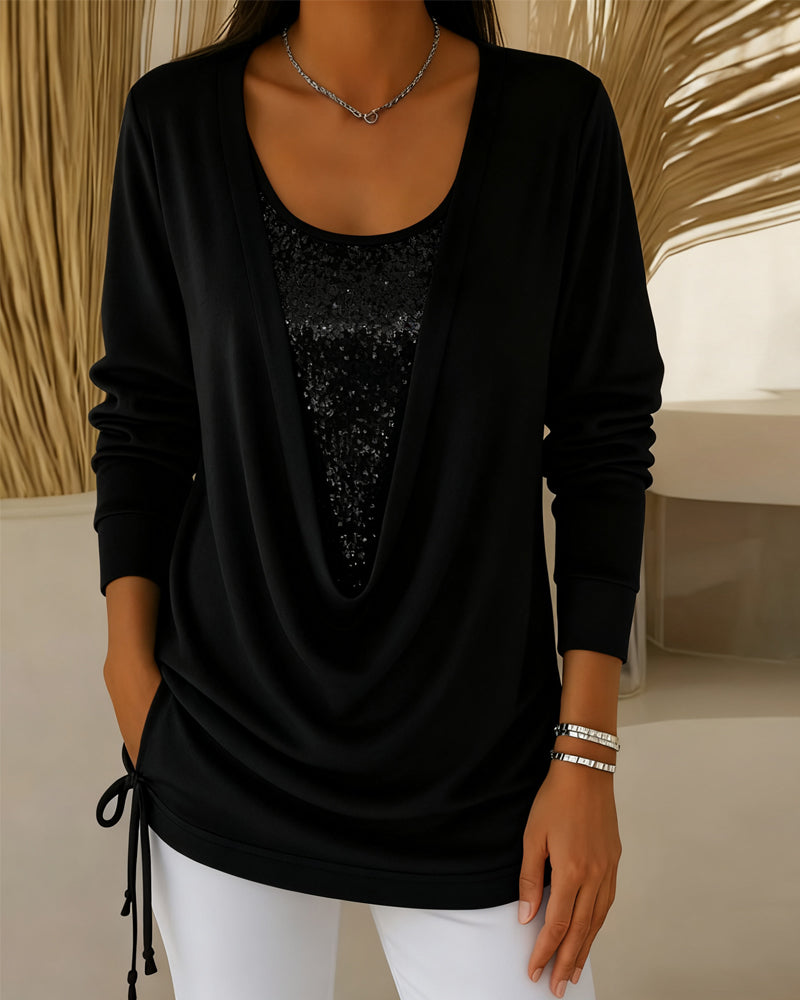 Bluzka Z Cekinami W Kontrastowych Kolorach, Imitacja Dwuczęściowej