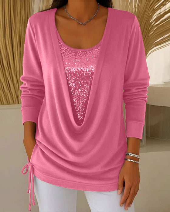 Bluzka Z Cekinami W Kontrastowych Kolorach, Imitacja Dwuczęściowej