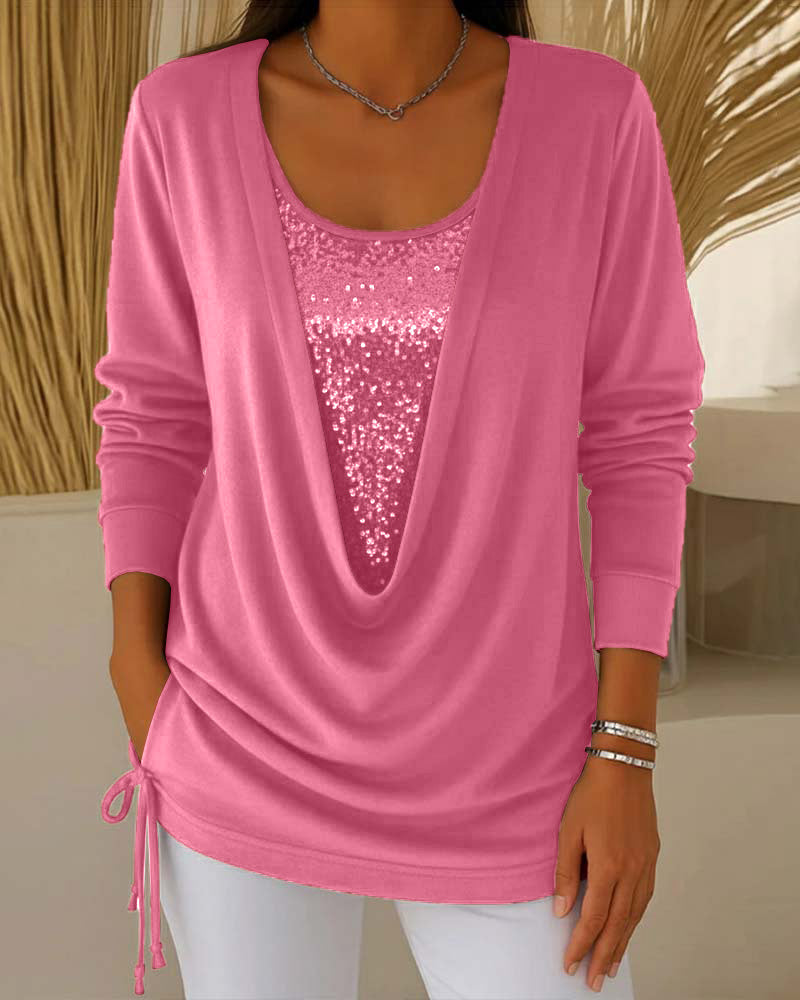 Bluzka Z Cekinami W Kontrastowych Kolorach, Imitacja Dwuczęściowej