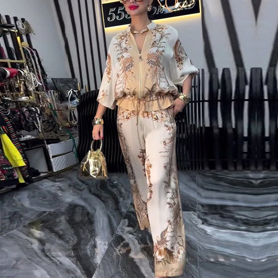 Garnitur o Szerokich Nogawkach Temperament Stójka Zamek Błyskawiczny