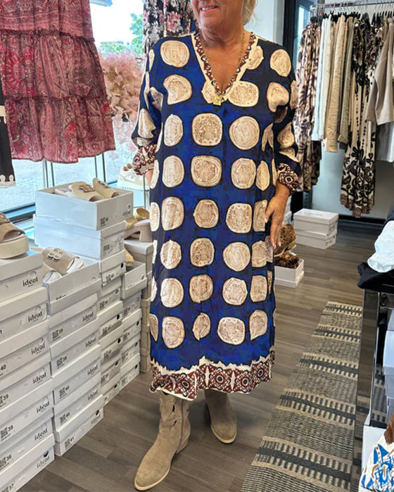 Sukienka Długi Rękaw Dekolt V Drukowany