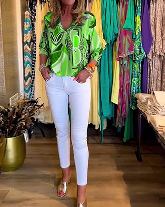 Luźna bluzka z nadrukiem z długim rękawem