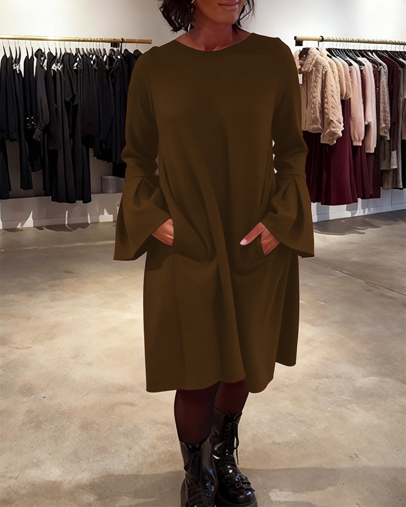 Sukienka Jednokolorowy Rozkloszowany Rękaw Marszczony