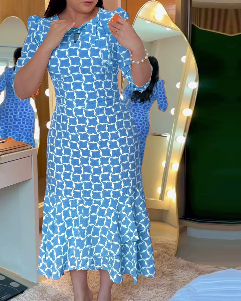 Sukienka Pół Rękaw Rund Hals Talia Drukowana