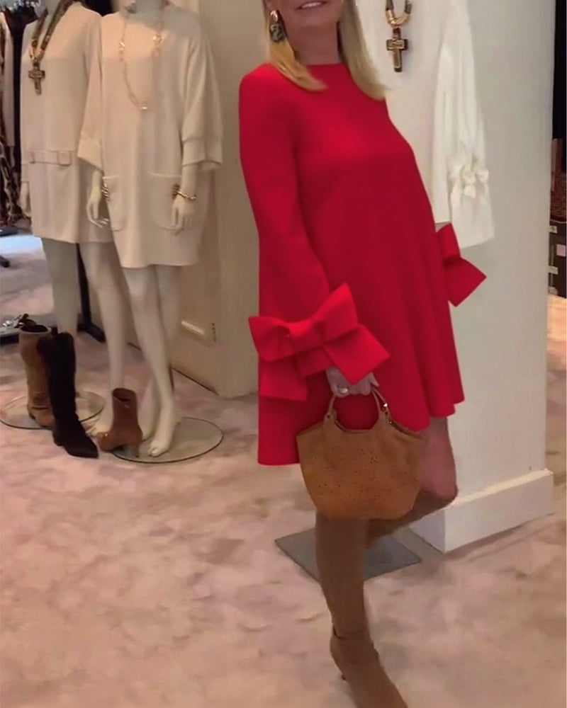 Sukienka Modna Okrągły Dekolt Kokarda Rękaw