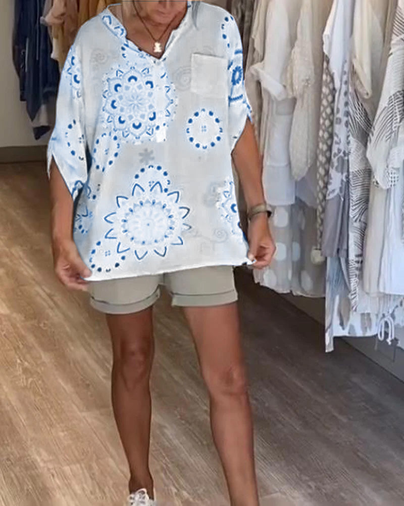 Bluzka Uniwersalna Dekolt W S Nadruk Połdługie Rękawy