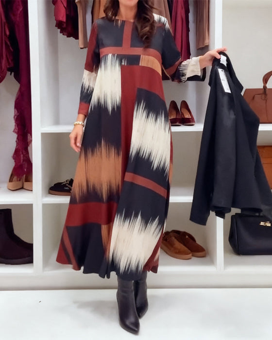 Modna Drukowana Sukienka Z Okrągłym Dekoltem I Długimi Rękawami