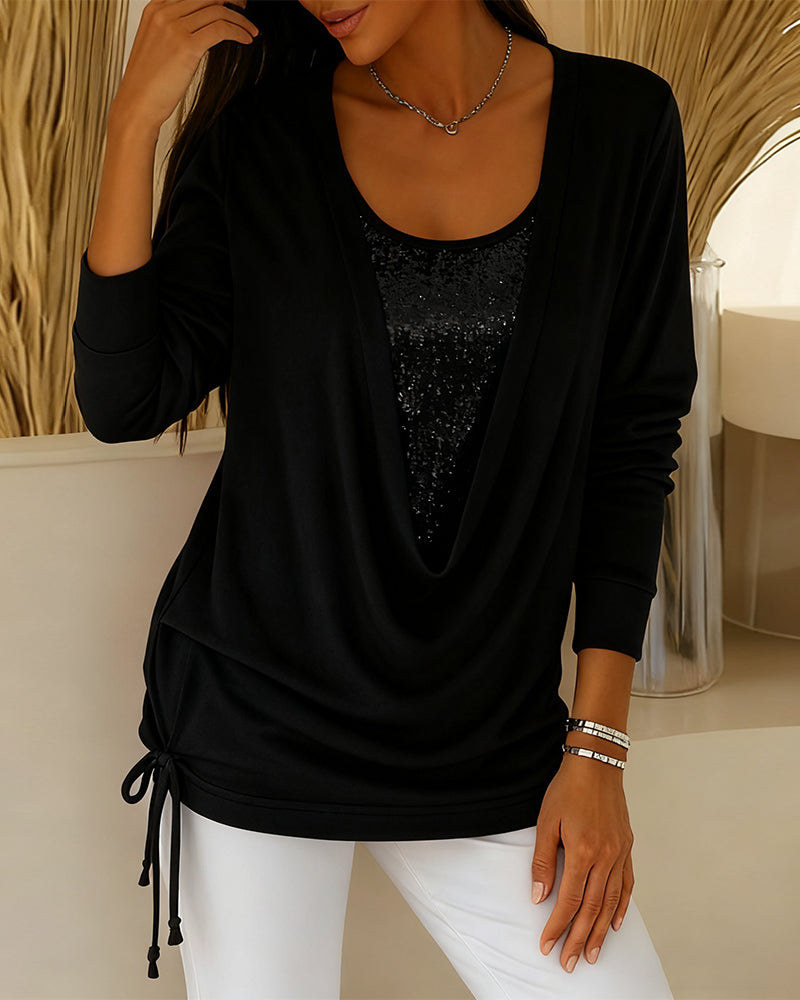 Bluzka Z Cekinami W Kontrastowych Kolorach, Imitacja Dwuczęściowej