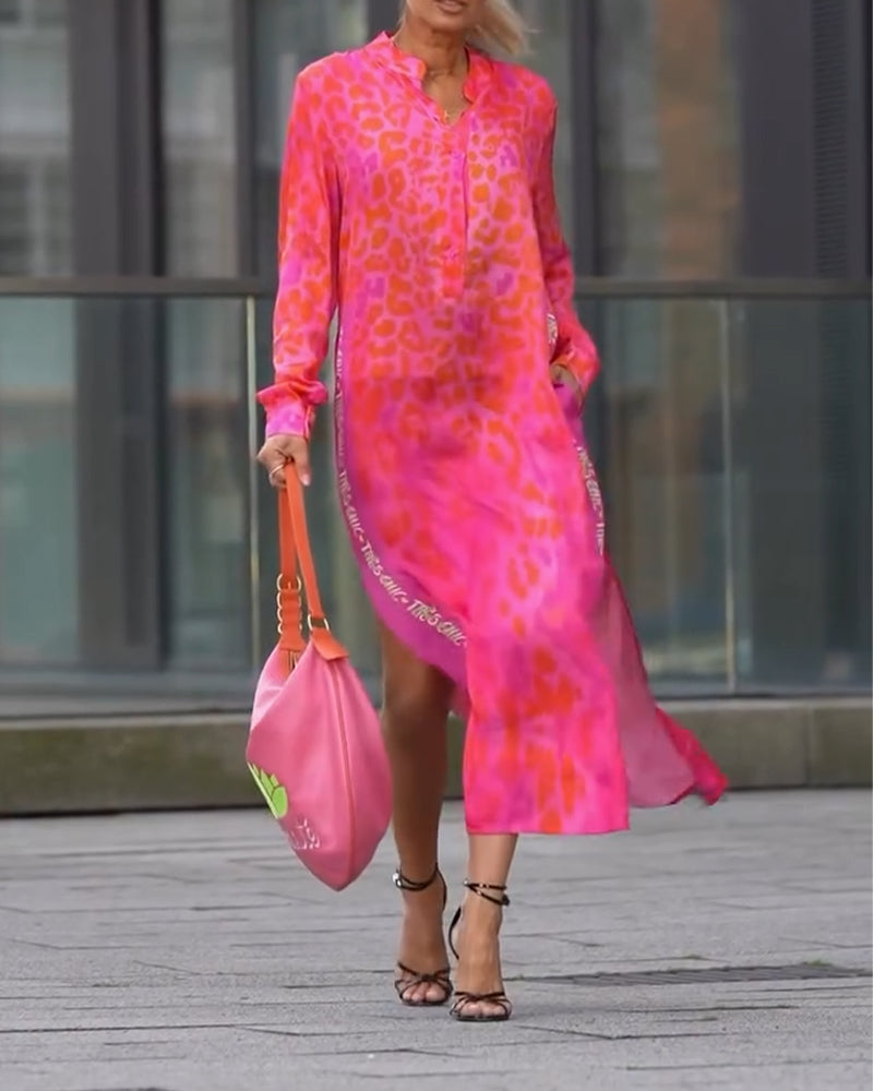 Sukienka Z Długim Rękawem Wzór W Lamparta Rozporek