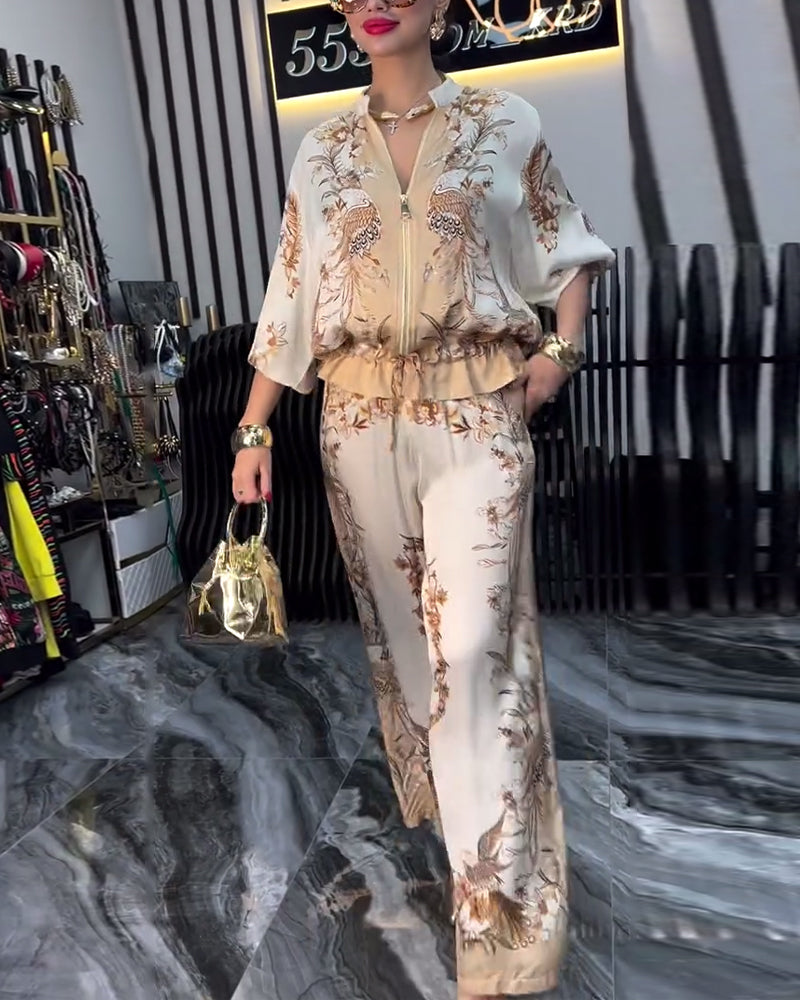 Garnitur o Szerokich Nogawkach Temperament Stójka Zamek Błyskawiczny