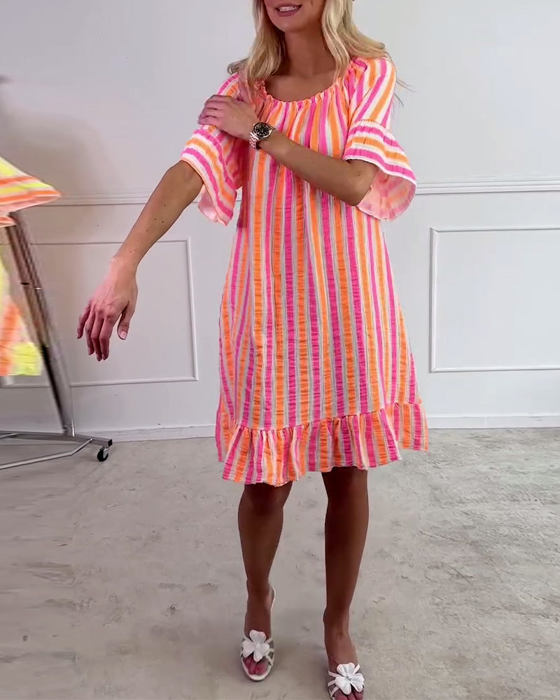 Sukienka Okrągły Dekolt W Paski Plisowana Prosty Krój