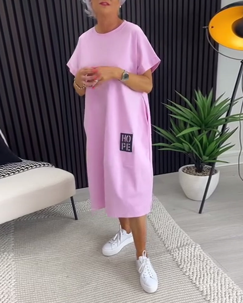 Sukienka Krótki Rękaw Swobodna Prosta Kieszeń