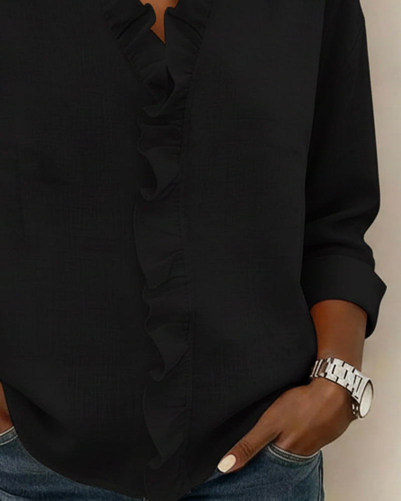 Bluzka Falbana V Dekolt Długi Rękaw