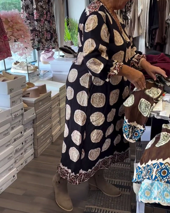 Sukienka Długi Rękaw Dekolt V Drukowany