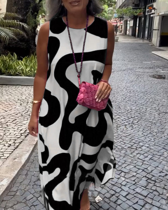 Sukienka Bez Rękawów Z Okrągłym Dekoltem I Geometrycznym Nadrukiem