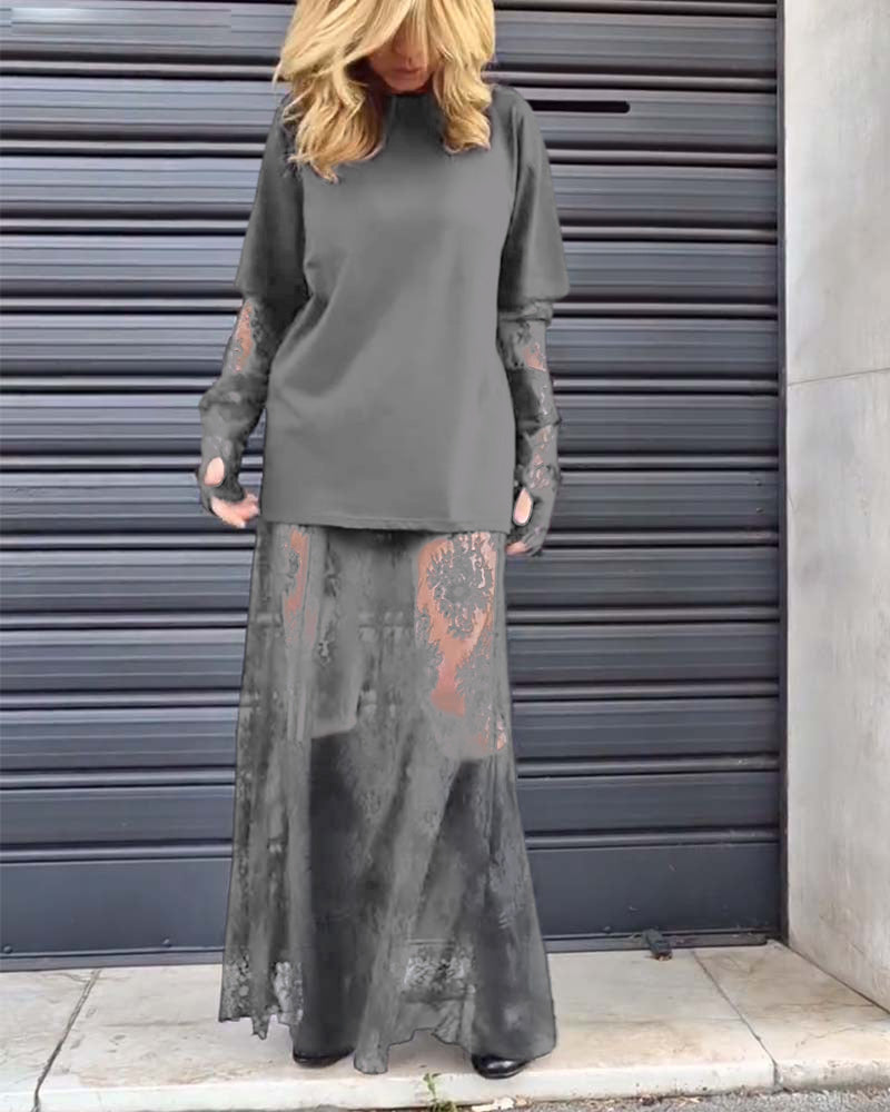 Dwuczęściowy komplet - koszulka w jednolitym kolorze i koronkowa spódnica