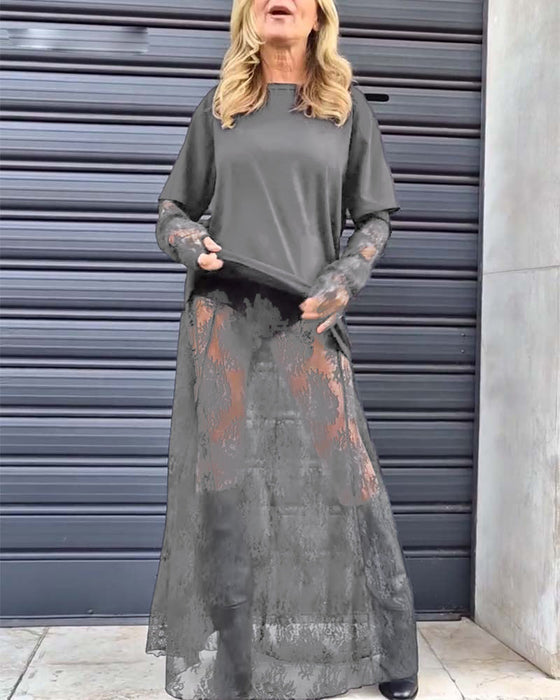 Dwuczęściowy komplet - koszulka w jednolitym kolorze i koronkowa spódnica