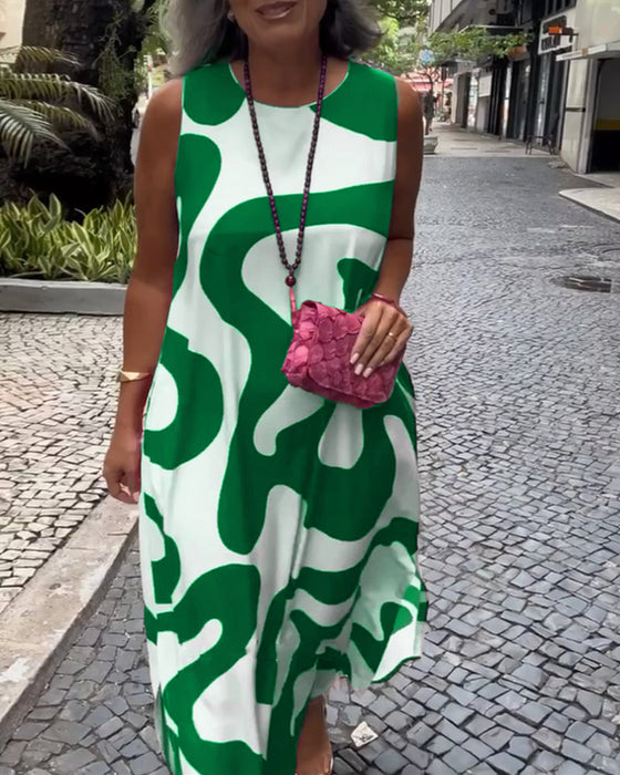 Sukienka Bez Rękawów Z Okrągłym Dekoltem I Geometrycznym Nadrukiem