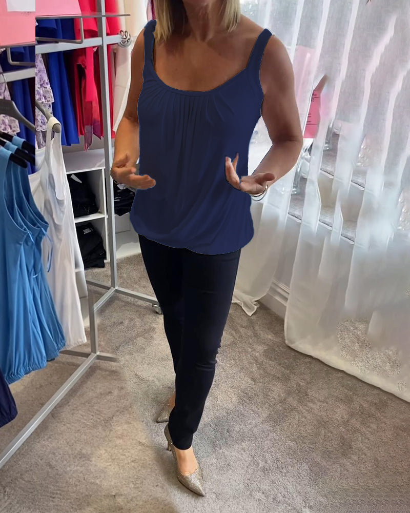 Plisowany solidny swobodny top bez rękawów