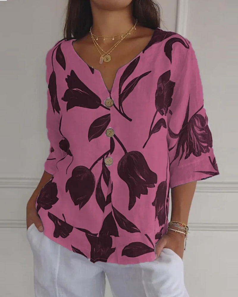 Bluza zapinana na guziki z bawełny i lnu w kwiatowy wzór