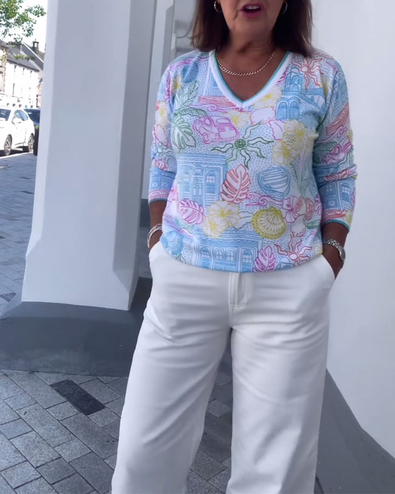 Sweter Z Dekoltem W Serek Z Nadrukiem Modny