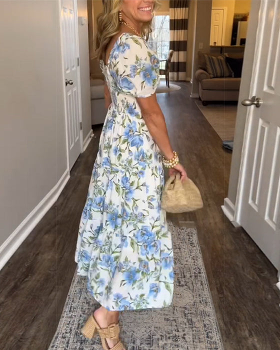 Sukienka Kwadratowy Dekolt Plisowany Kwiatowy A-Linii