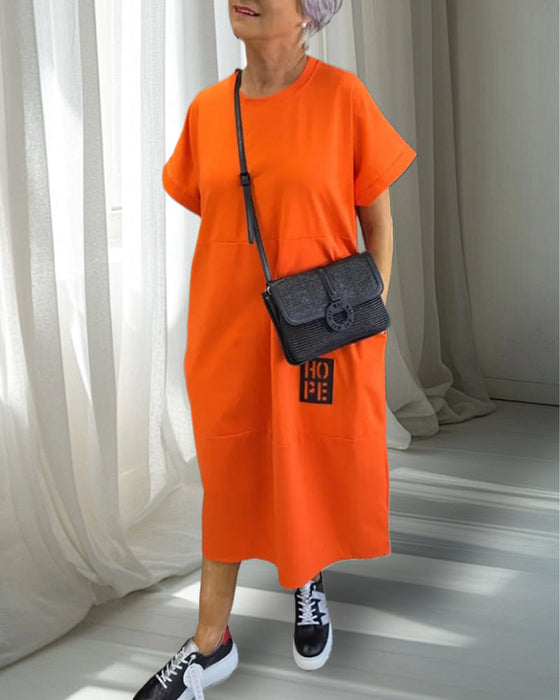 Sukienka Krótki Rękaw Swobodna Prosta Kieszeń