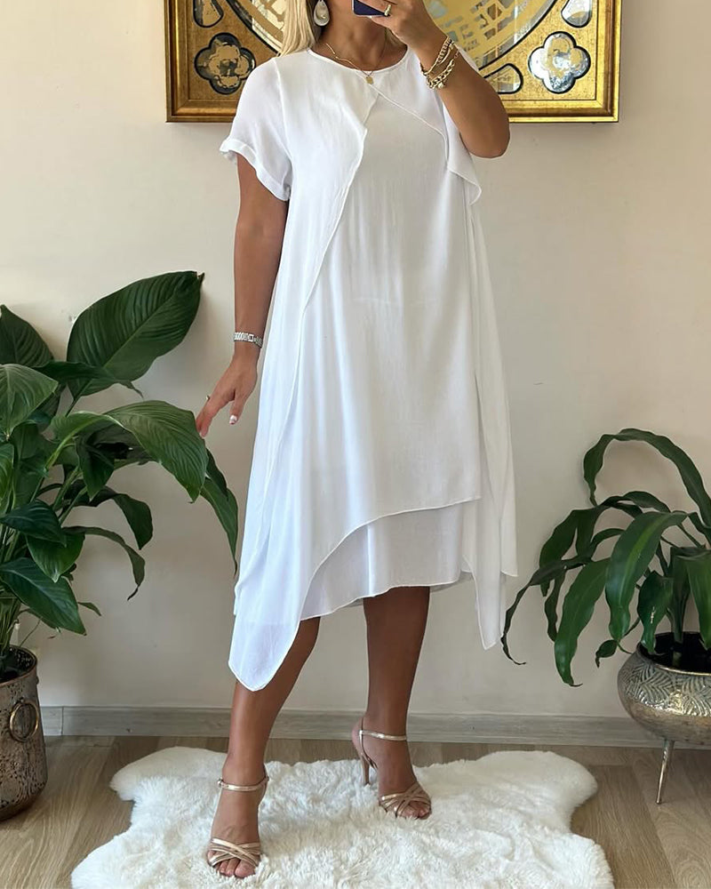 Sukienka Fałszywa Dwuczęściowa Podwójna Warstwowa Luźna Krótkim Rękawem