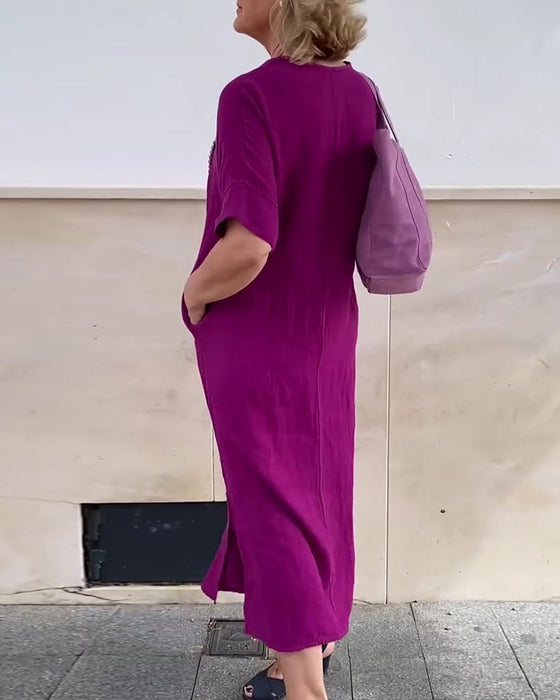 Sukienka Dekolt W Serek Jednolity Kolor Prosta Długa