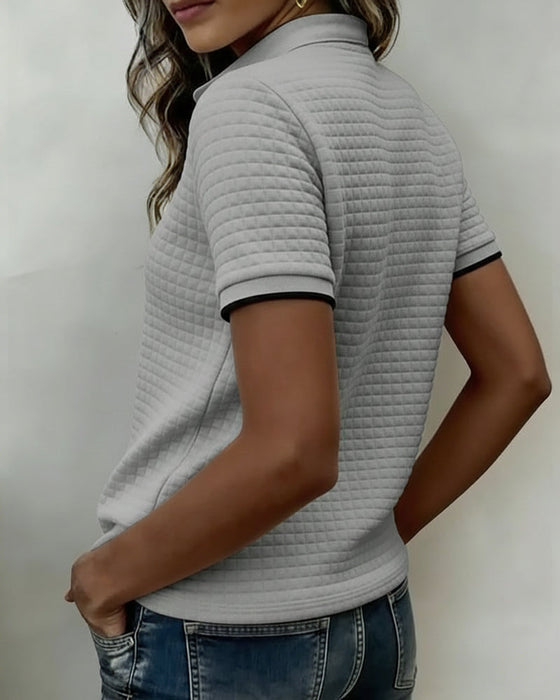 Top Wzór Wafelkowy Zapinany Na Guziki Krótki Rękaw