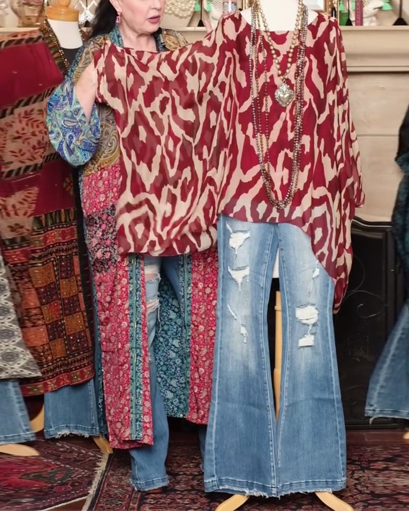 Bluzka Nietoperzowy Rękaw Nadruk Długi Rękaw