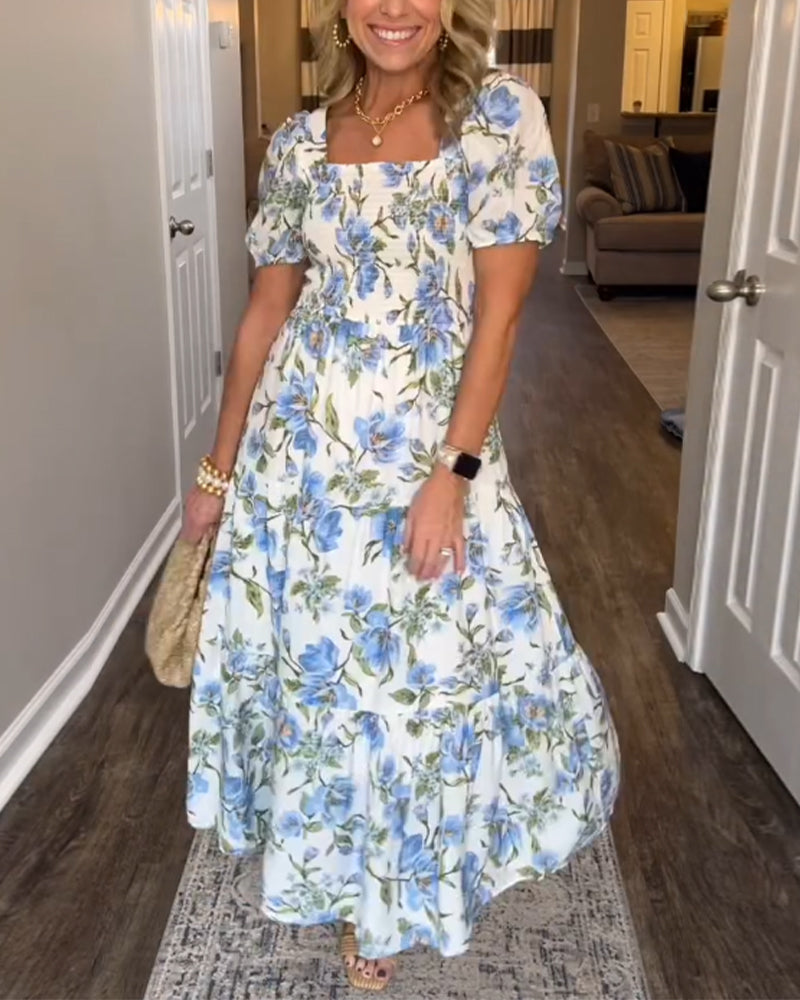 Sukienka Kwadratowy Dekolt Plisowany Kwiatowy A-Linii