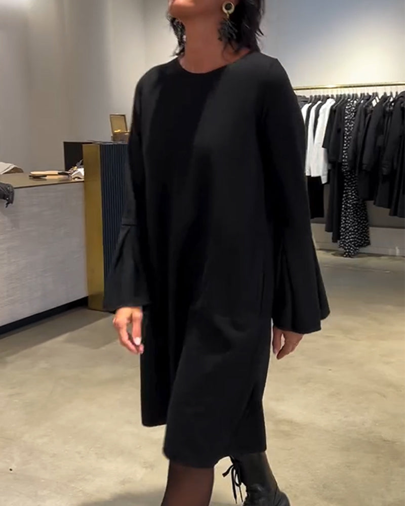 Sukienka Jednokolorowy Rozkloszowany Rękaw Marszczony